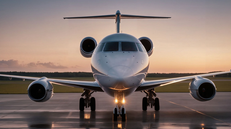 Head on view of a private jet on a runway