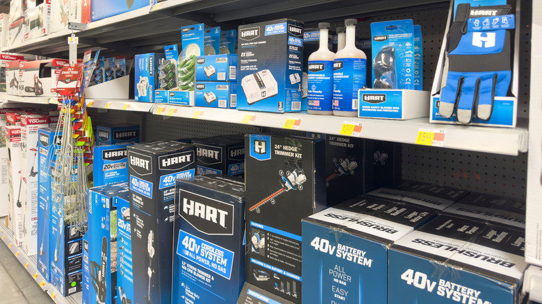 A view of several shelves dedicated to Hart power tools