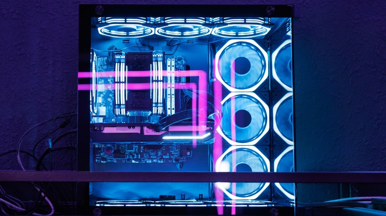 See through gaming PC case with neon-lit components