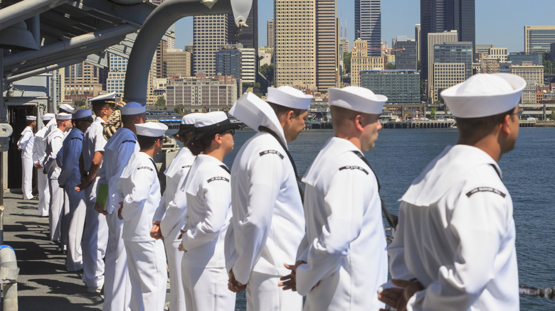 Sailors standing at ease on the deck of the USS Bunker Hill (CG-52)