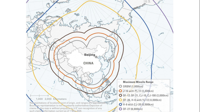Chinese missile ranges on map of China