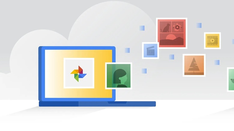 Stylized cartoon of laptop showing Google Photos icon