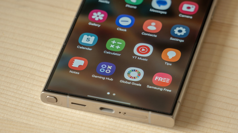 Closeup of the bottom half of a Samsung Galaxy S24 Ultra