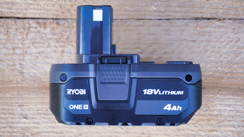 A Ryobi battery on its side.