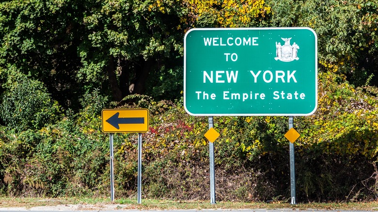 A green "Welcome to New York" traffic sign with trees in the background.