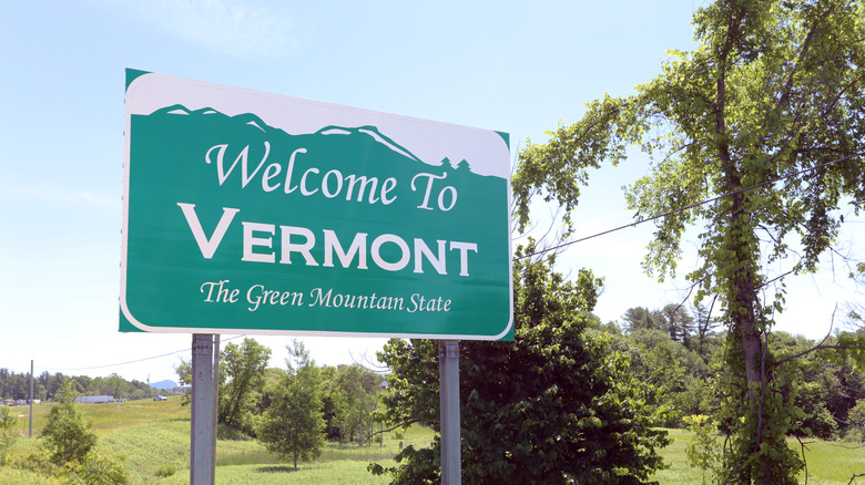 A green road sign reading "Welcome to Vermont," with greenery in the background.