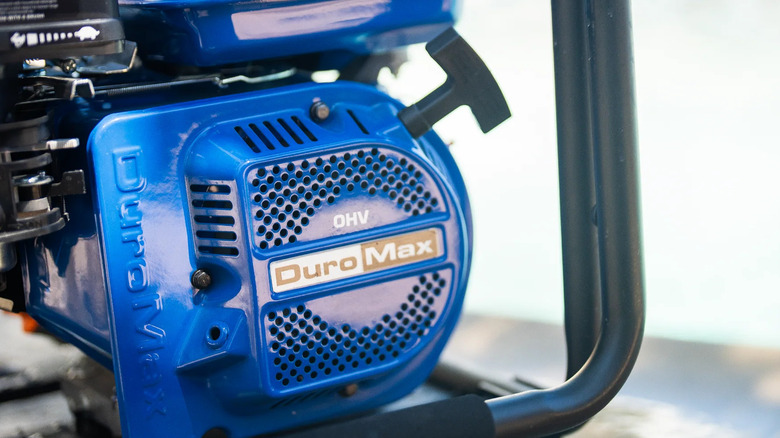 Close up image of a DuroMax gaso-line engine with a pull-start
