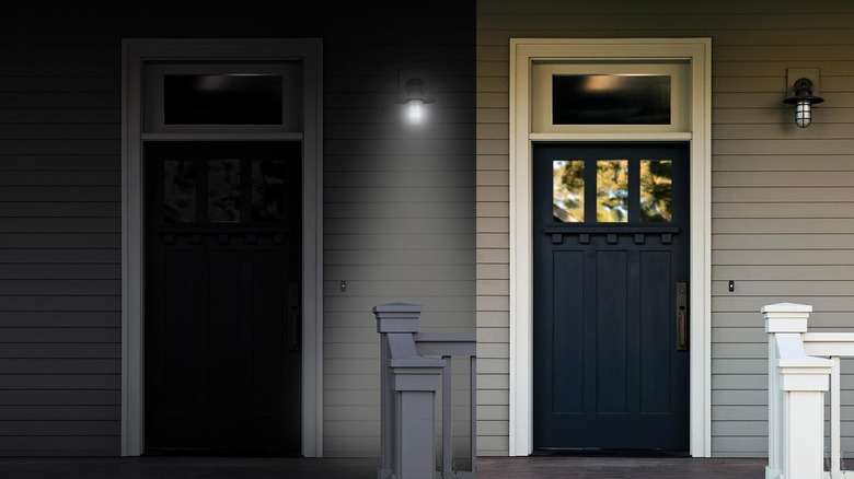 Side-by-side image of a front door with a dusk-to-dawn light bulb at night and in the daytime