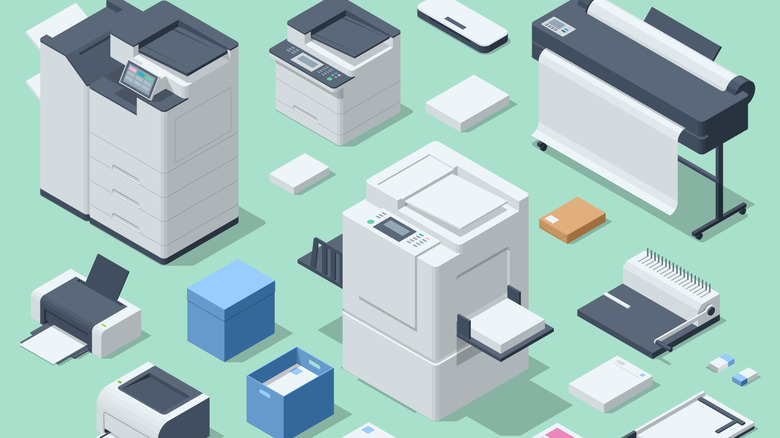 Cartoon rendering of printers on green background