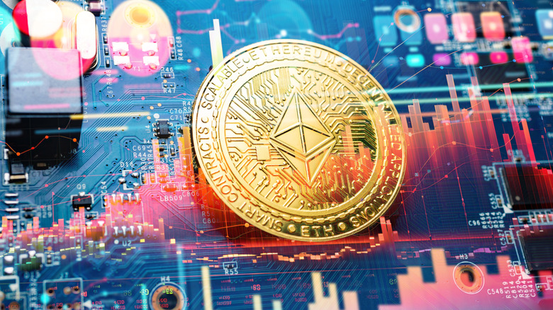An Ethereum coin with market graphs behind it
