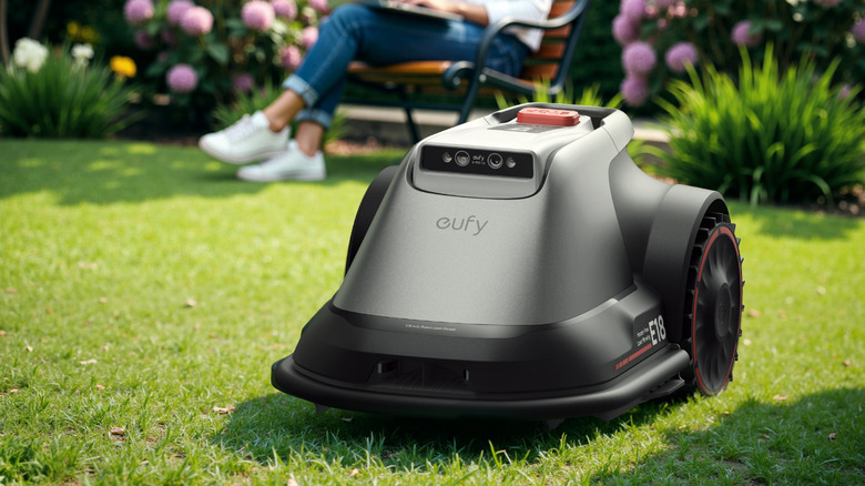 Eufy robotic lawn mower on grass