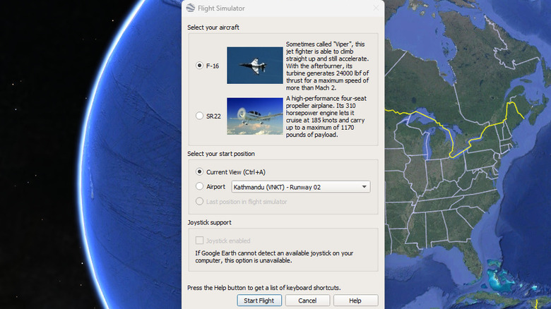 Google Earth Pro's flight simulator allows you to choose between two aircraft