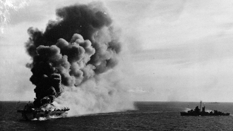 American aircraft carrier USS Bismarck Sea after being hit by a kamikaze strike