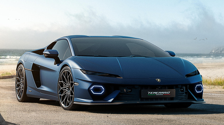 Dark blue Lamborghini Temerario parked on a road