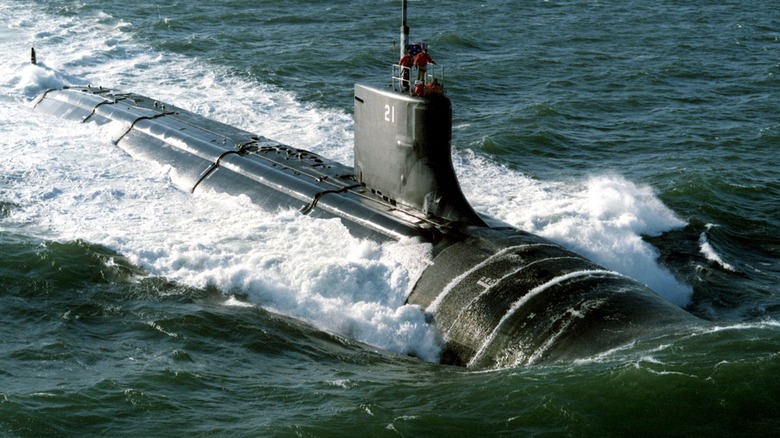 Seawolf-class submarine sailing along ocean's surface