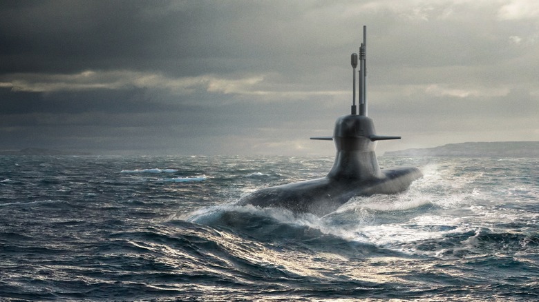 Rendering of SAAB A26 submarine surfaced on the ocean, sailing toward a setting sun