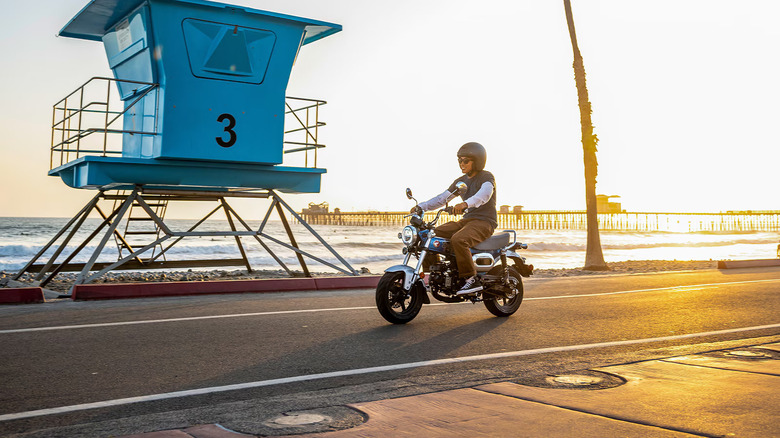 A helmeted rider on a Honda Dax 125 moving along a coastal road and lifeguard tower.