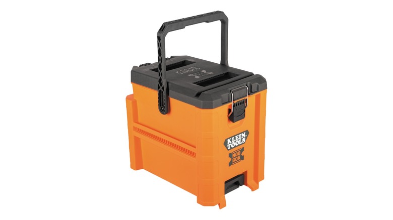 Klein Tools' Hybrid Toolbox, closed, with the handle standing up