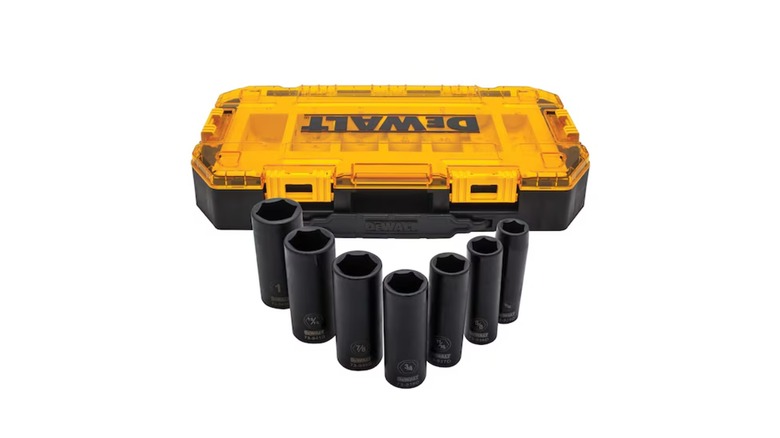 A yellow Dewalt case of sockets.