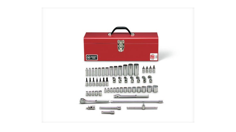 Wright Tool socket set with red metal toolbox.