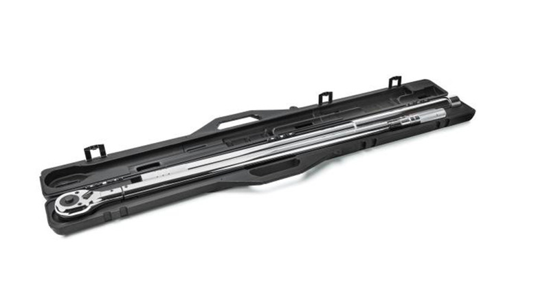 A Gearwrench 1-inch torque wrench in a carrying case