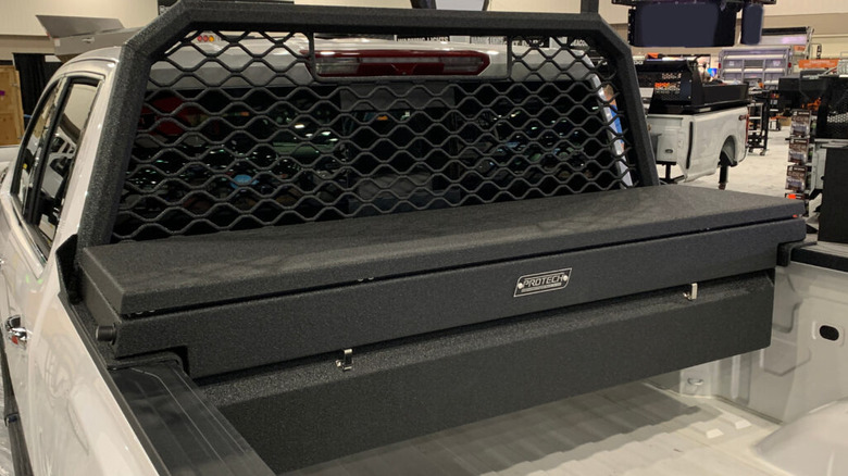 A pickup truck toolbox mounted in a truck bed