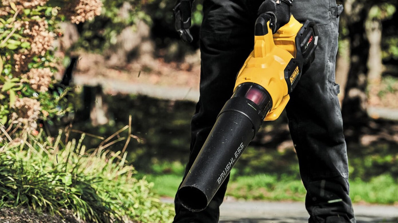 DeWalt DCBL772B blower tackling grass cuttings
