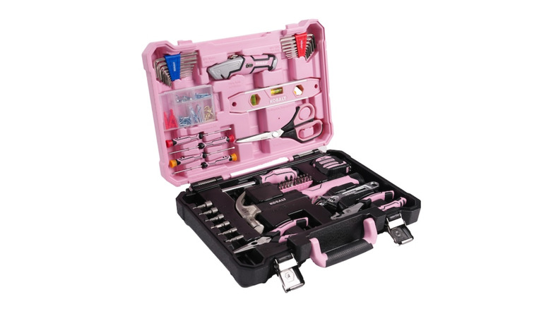 The Kobalt black and pink 158-piece Tool Set with Folding Case on a white background