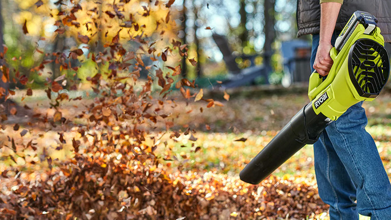 A man using a 550 CFM Ryobi leaf blower