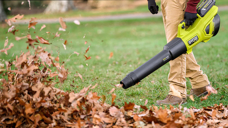 A man using a 650 CFM 40V Ryobi leaf blower