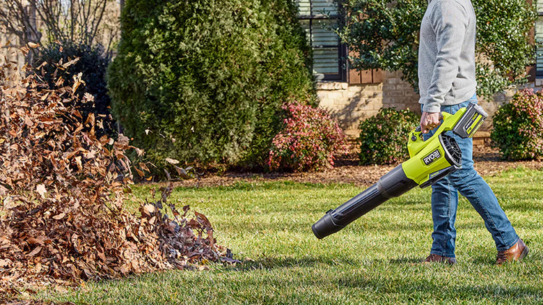 A man using an 800 CFM leaf blower to clear many leaves
