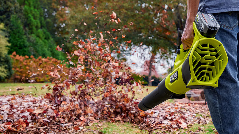 A man using a 510 CFM 18V Ryobi leaf blower
