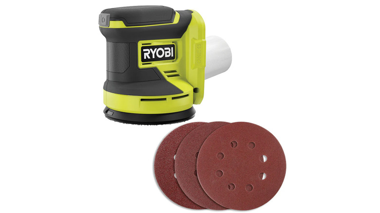A stock image of a Ryobi random orbit sander