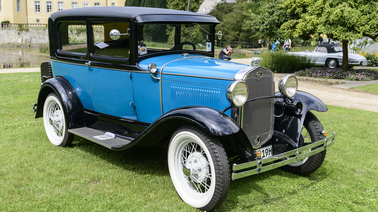 Blue Model A on grass