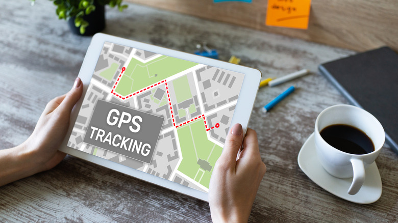 GPS (Global positioning system) tracking map on device screen.