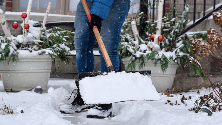 Person shoveling snow from pathway.