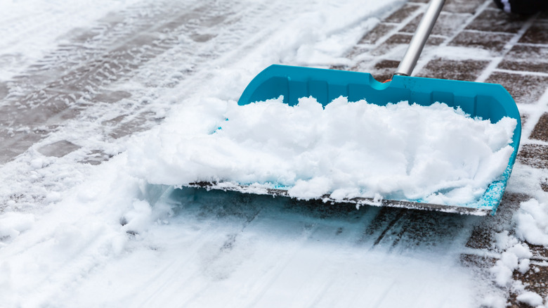 Close up of a snow shovel in use.