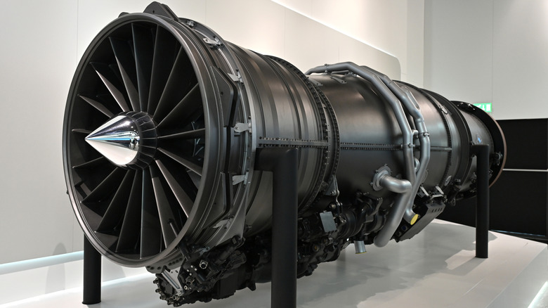 A Pratt and Whitney F135 jet engine is displayed at the Farnborough International Airshow 2024 in England