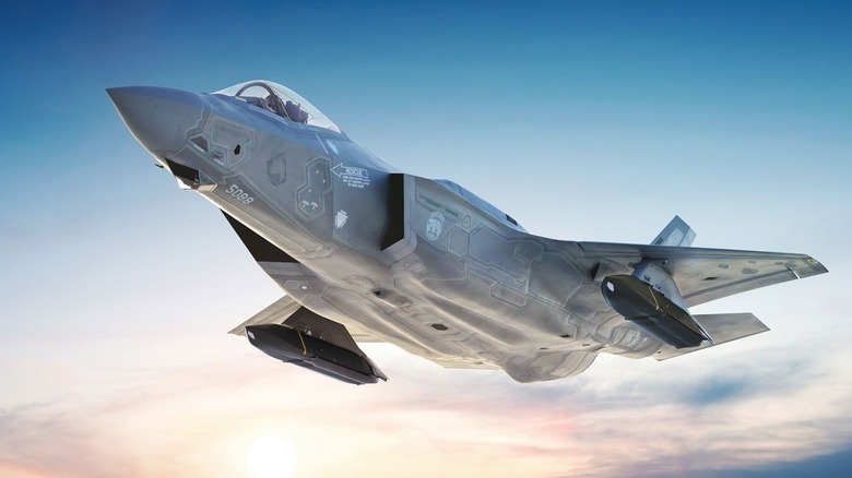 A closeup shot of the F-35A and its belly