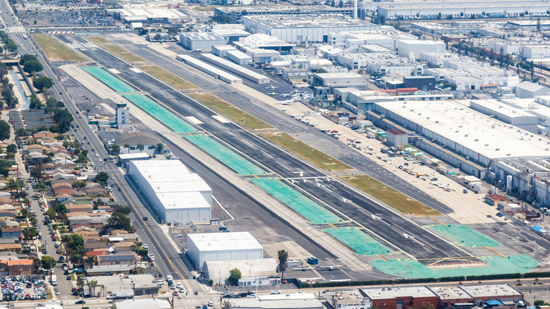 Aerial view of the Hawthorne Municipal Airport near Los Angeles