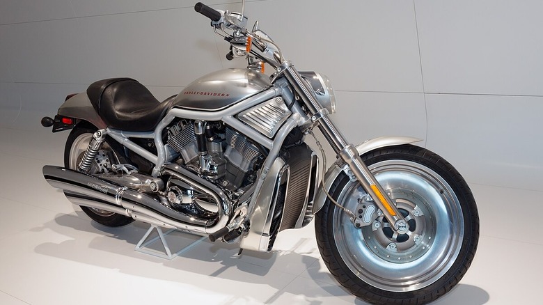 Silver Harley Davidson V Rod on display