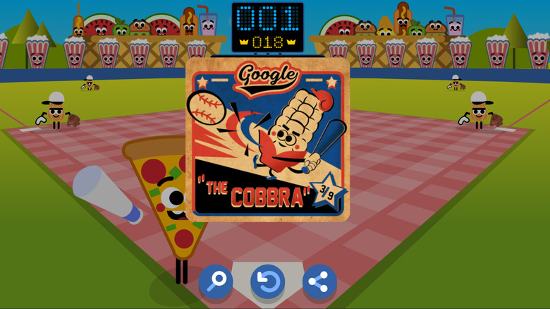 Google Doodle Baseball game showing baseball card at the end of game