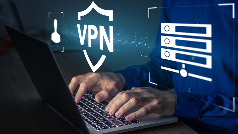 Man on laptop with VPN graphic superimposed