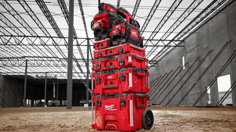 A stack of Milwaukee Packout storage containers and accessories