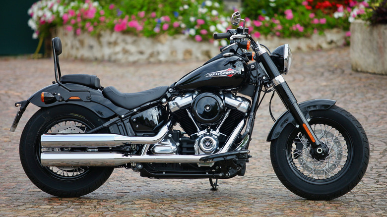 Harley-Davidson Softail with Milwaukee-Eight engine in front of pink flowerbed