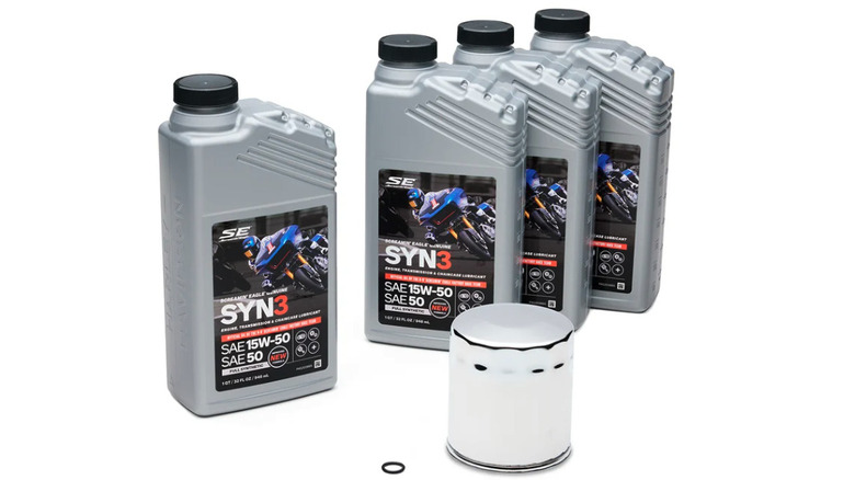 A stock image of a Harley-Davidson oil change kit.