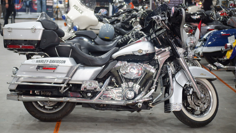 Side view of silver Harley softail motorcyle