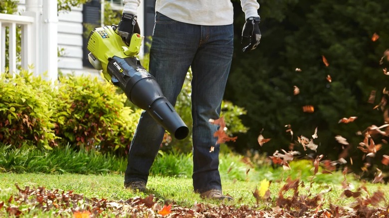 Person using Ryobi gas leaf blower in yard with leaves
