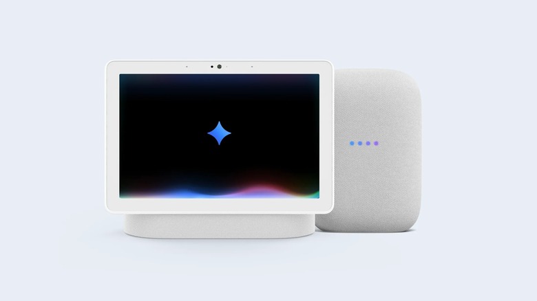 Gemini logo on Google Nest Hub next to Google Nest Audio