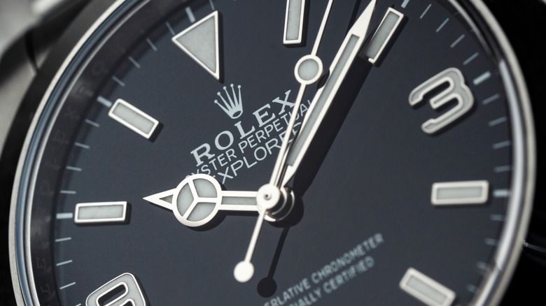 Rolex Oyster Perpetual Explorer I watch dial close up.